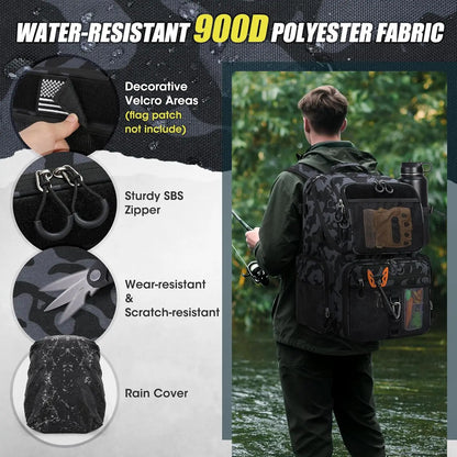Waterproof Fishing Backpack with Rod Holders and Rain Cover, Large Tackle Storage for Gear