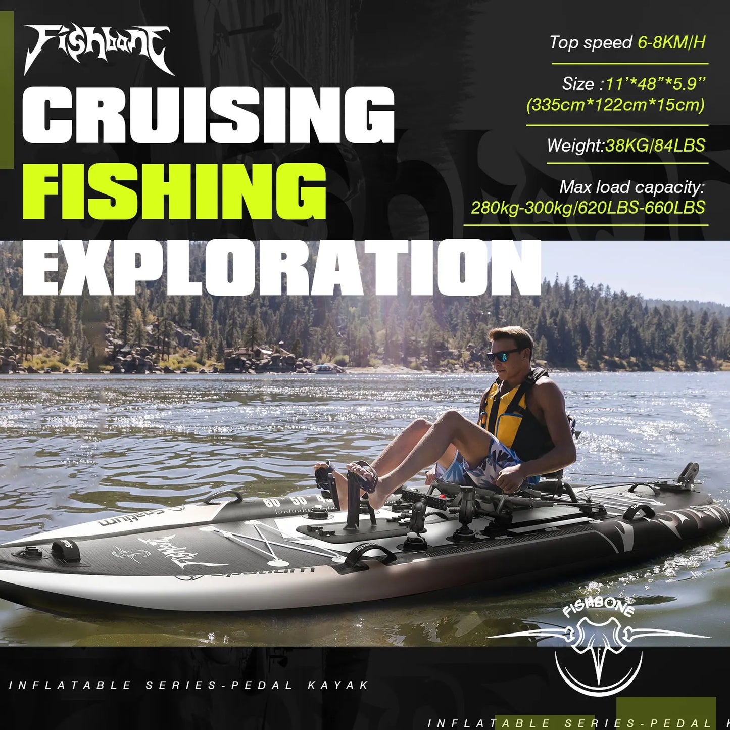 Spatium Fishing Kayak Boat Pedal Drive Sit on Top Pedal Drive Kayak Power System Orientation System, 11'*48"*6",Capacity 660LBS