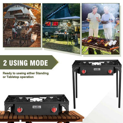 BESTFIRE 2 Burner Camping Stove 150000 BTU High Pressure Outdoor Propane Grill With 4ft 20 PSI Regulator Hose Removable Legs for Backyard Cooking BBQ Picnic Tailgate