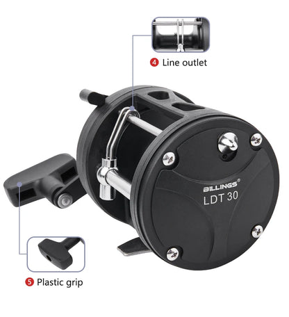 BILLINGS Trolling Drum Fishing Reels 33LB Max Drag 3.8:1 Gear Ratio High Toughness Body Freshwater & Saltwater Universal Bait Caster Fishing Reel