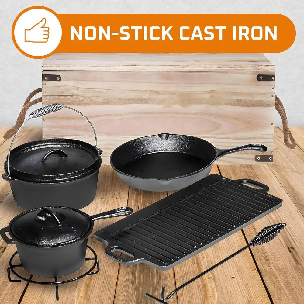 7-Piece Pre-Seasoned Cast Iron Camping Cookware Set with Dutch Oven and Lids for Outdoor Cooking and Grilling