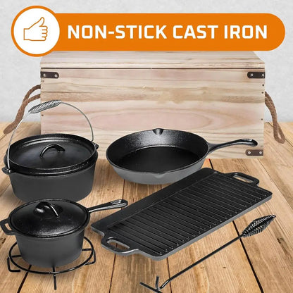 7-Piece Pre-Seasoned Cast Iron Camping Cookware Set with Dutch Oven and Lids for Outdoor Cooking and Grilling