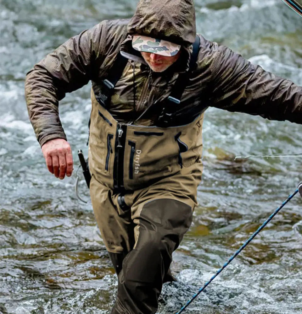 Dryfish Men Front Zipper Chest Waders Waterproof Breathable Stockingfoot Fishing Wader with Multi Pockets Adjustable Waist Belt for Fly Fishing Hunting Outdoor Stream Wading