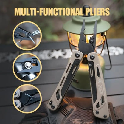 Light Seeking 20-in-1 EDC Multitool with Needle Nose Pliers and Wire Stripper Survival and Camping Gear D2 Steel Sand
