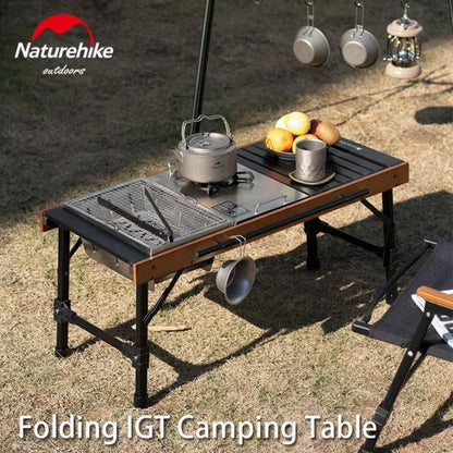 Naturehike IGT Camping Table Fold up Lightweight Aluminum Alloy+Wood 4-6 Person Portable Folding Square Table with Carry Bag fo