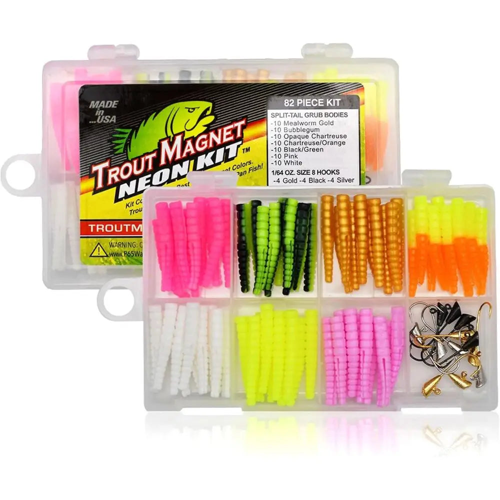 Neon Fishing Kit: 70 Grub Bodies & 12 Size 8 Hooks for Trout Fishing