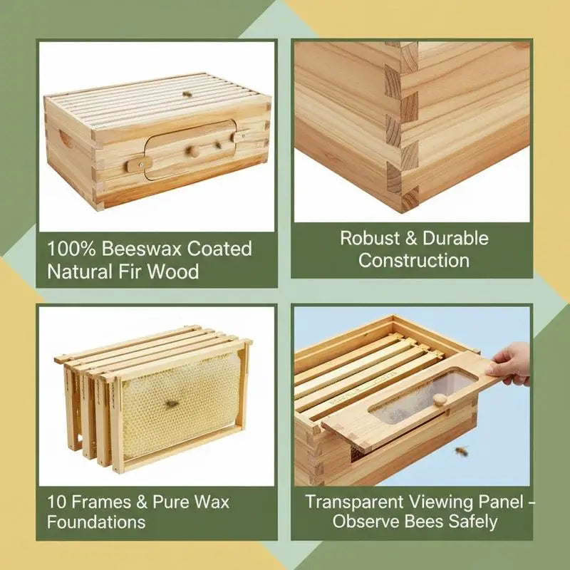 Natural Fir Wood Honey Super 19-7/8" x 16-1/4" x 6-5/8" For Apiary Backyard Orchard, Langstroth Hive 10 Frames Foundations Beeswax Coated Transparent Observation Windows Medium Size Professional Beekeeping Equipment