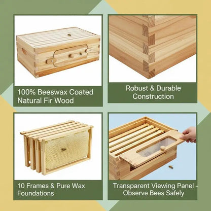 Natural Fir Wood Honey Super 19-7/8" x 16-1/4" x 6-5/8" For Apiary Backyard Orchard, Langstroth Hive 10 Frames Foundations Beeswax Coated Transparent Observation Windows Medium Size Professional Beekeeping Equipment