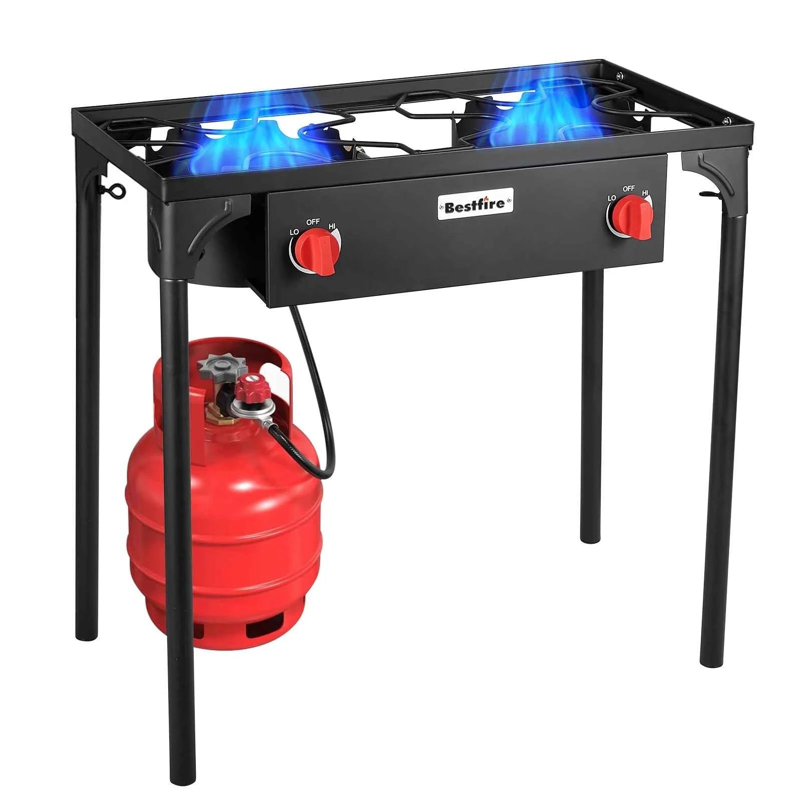 BESTFIRE 2 Burner Camping Stove 150000 BTU High Pressure Outdoor Propane Grill With 4ft 20 PSI Regulator Hose Removable Legs for Backyard Cooking BBQ Picnic Tailgate