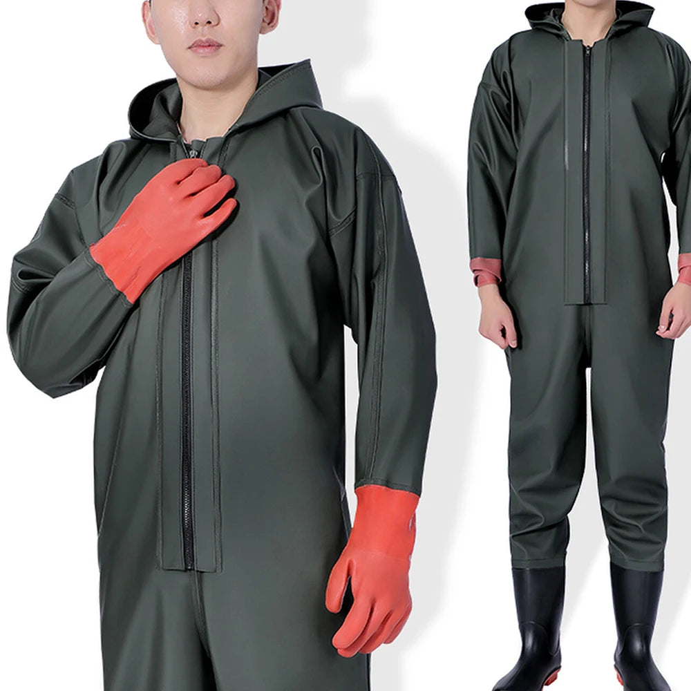 Size 43-47 Hooded Long Sleeve Wader Pants Waterproof Overalls