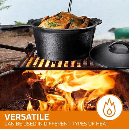 7-Piece Pre-Seasoned Cast Iron Camping Cookware Set with Dutch Oven and Lids for Outdoor Cooking and Grilling