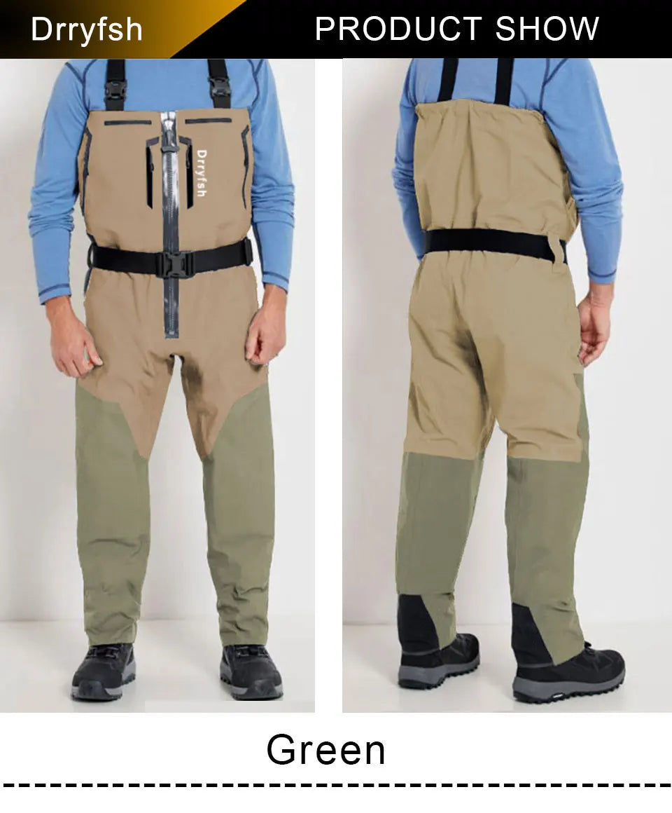 Dryfish Men Front Zipper Chest Waders Waterproof Breathable Stockingfoot Fishing Wader with Multi Pockets Adjustable Waist Belt for Fly Fishing Hunting Outdoor Stream Wading