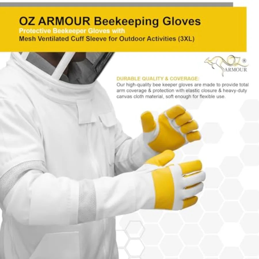 Beekeeping Gloves - Protective Beekeeper Gloves with Mesh Ventilated Cuff Sleeve for Outdoor Activities
