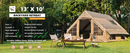 SENLEETO 129 Square Feet Inflatable Glamping Tent 4-8 Person for Camping,4 Season Blow up Tent with Stove Jack&AC Vent,Easy Setup Air Tent with High Pressure Pump