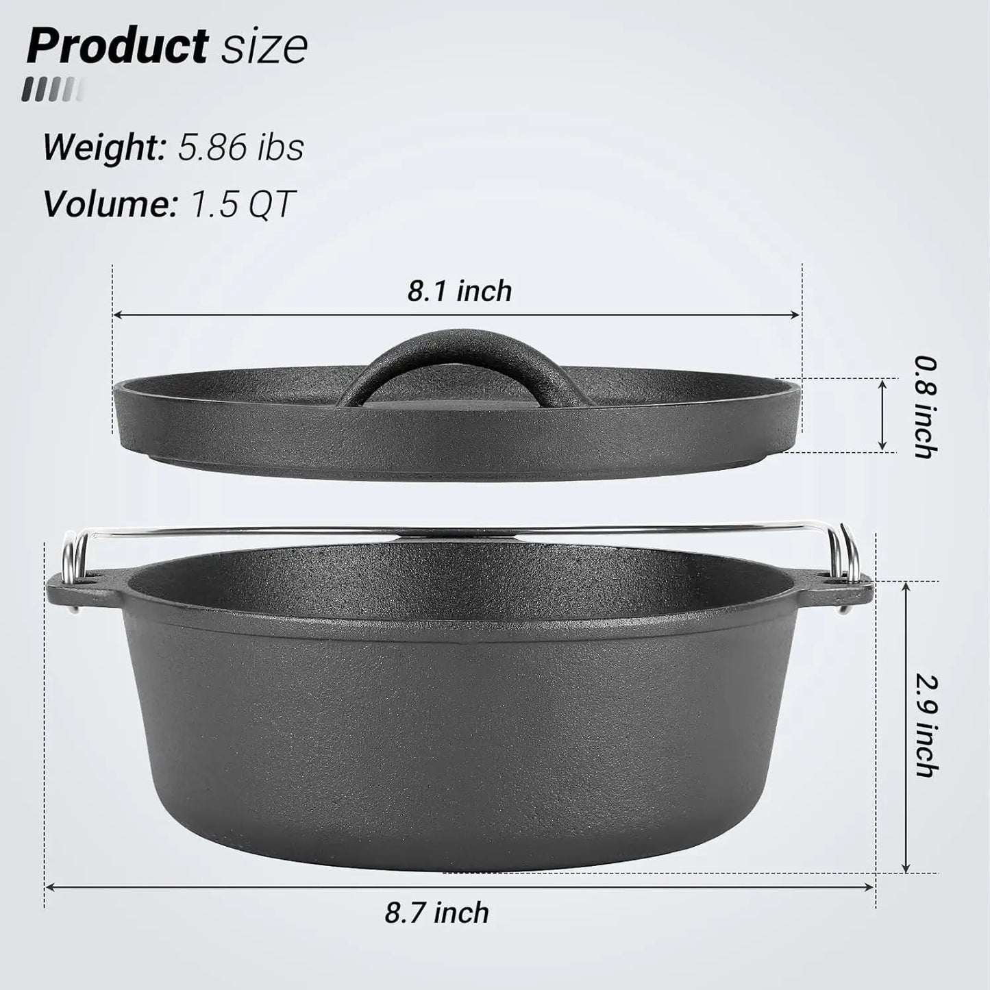 Cast Iron Dutch Oven Pot with Lid, 1.5 Quart for Small Dishes, Camping Cookware, BBQ & Garlic Roaster