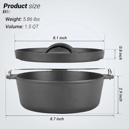 Cast Iron Dutch Oven Pot with Lid, 1.5 Quart for Small Dishes, Camping Cookware, BBQ & Garlic Roaster