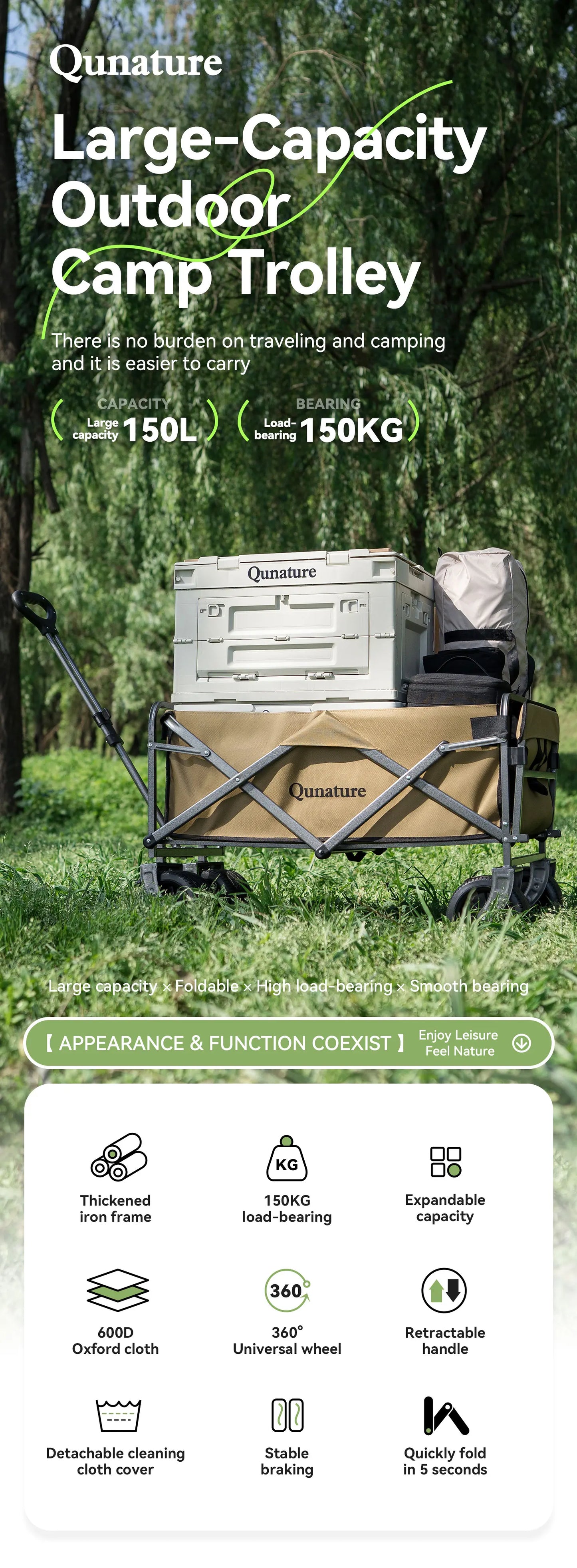 Qunature Local Shipping Outdoor Foldable Camping Cart Small Campsite Trailer for Picnic Camping Kid-Reclining Vending Travel 150L Hand-Push Camping Cart