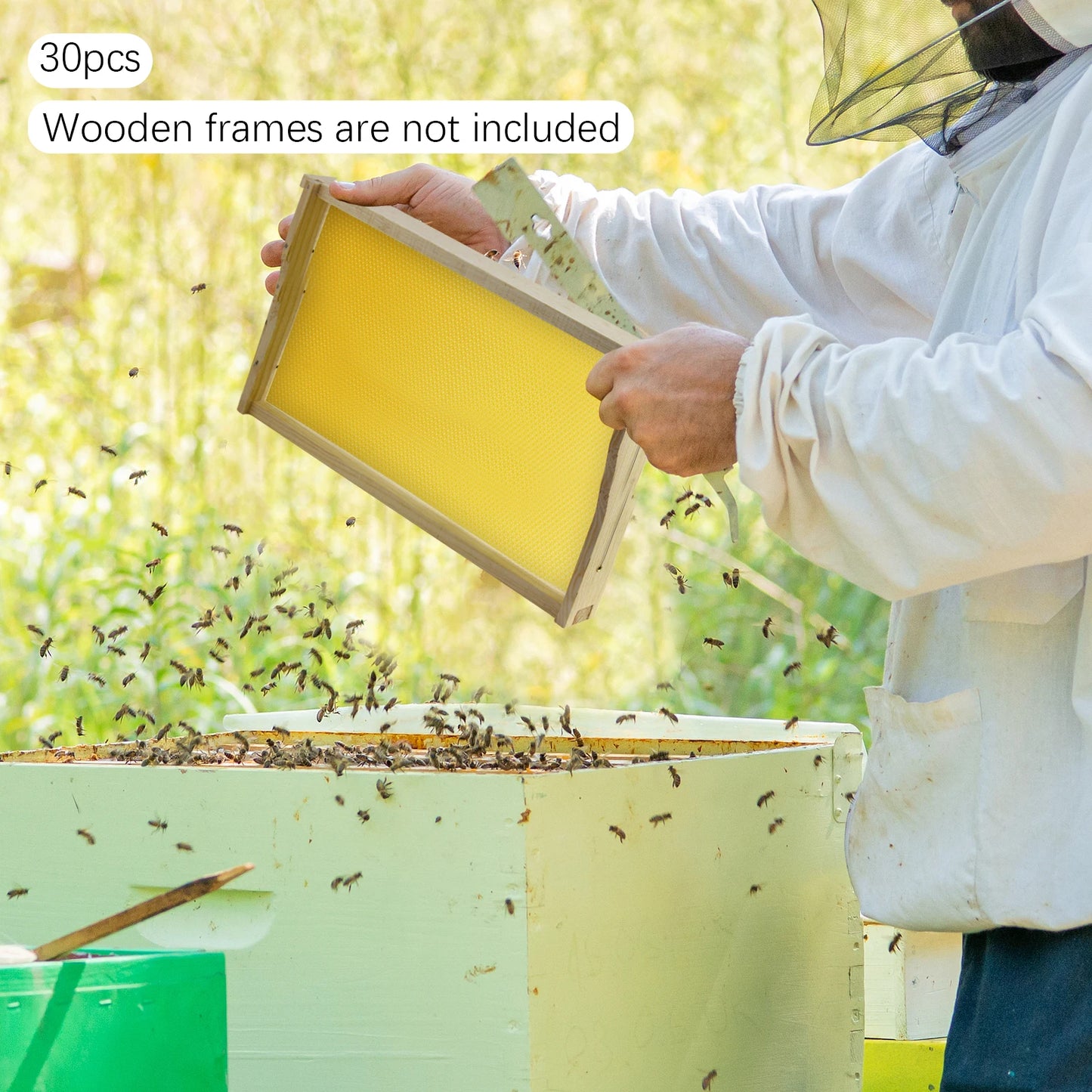 30-Pack Natural Beeswax Hive Foundations Beekeeper's Starter Kit 7.68x16.34" Beekeeping Sheets for Increased Honey Production