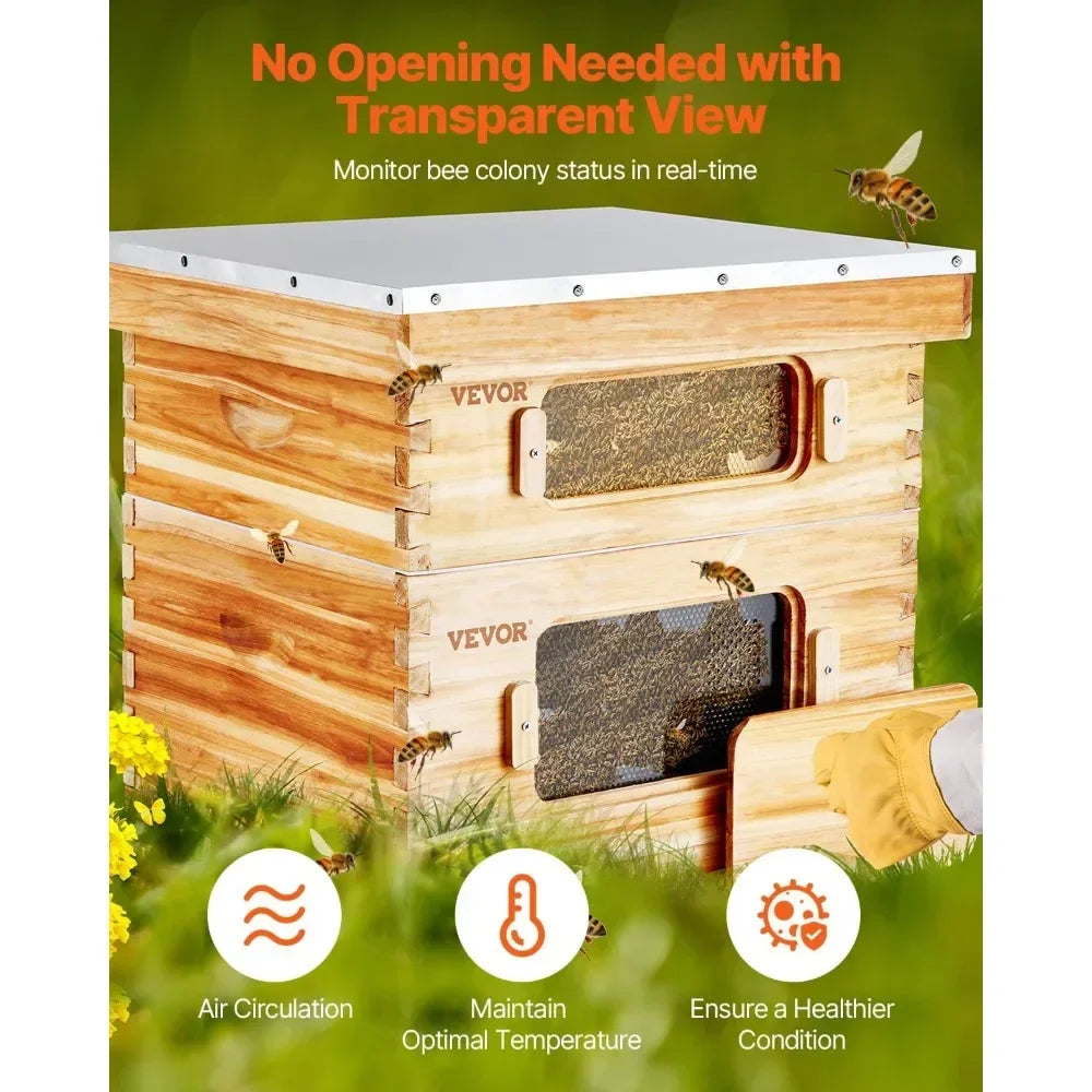 Bee Hive 20 Frame Bee Hives Starter Kit, Beeswax Coated Fir Wood, 1 Deep + 1 Medium Bee Boxes