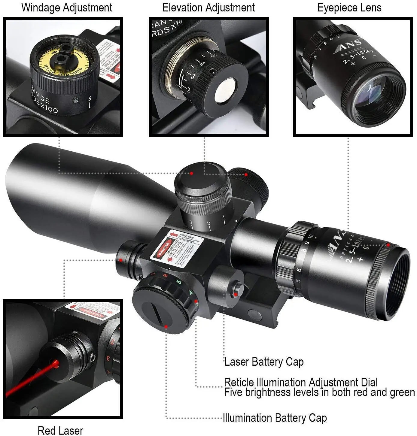 ANS 2.5-10x40 Tactical Rifle Scope Red Green Mil-dot illuminated Red Laser Mount