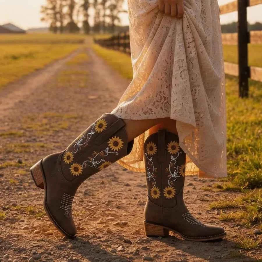 Cowboy Boots for Women Square Toe Mid Calf Western Cowgirl Boots with Sunflower Embroidery, Chunky Heel, Pull On Design