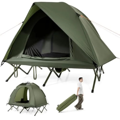 2-Person Tent Cot 3 in 1 Folding Off-Ground Cot Bed Combo with Portable Wheeled Bag Waterproof Rainfly 2 Mesh Doors and Skyligh