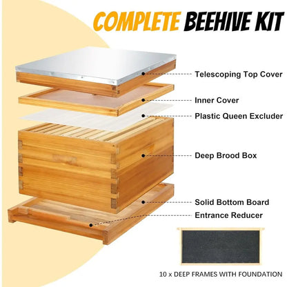 Honey Lake 10 Frame Beehive Starter Kit and Beekeeping Supplies Tool Kit, Beeswax Coated Assembled Deep Bee Box,
