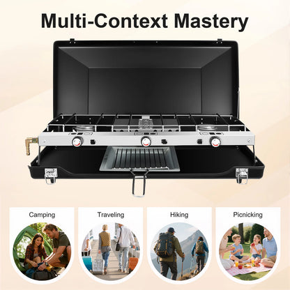 Portable Camping Stove 3-Burner Gas Stove Outdoor Cooking Stove Propane Butane Campfire Grill