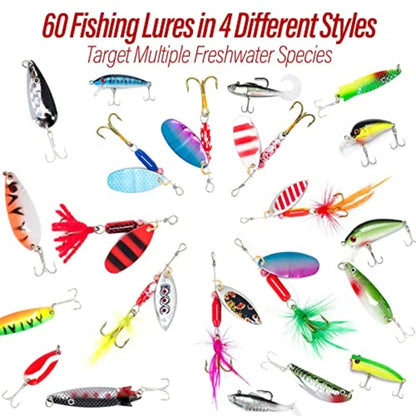 Fishing Tackle Bag 5 Boxes with 60 Lures Included Loaded Stocked Tackle Box Set Spinner Lures Kit Freshwater Gear Equipment