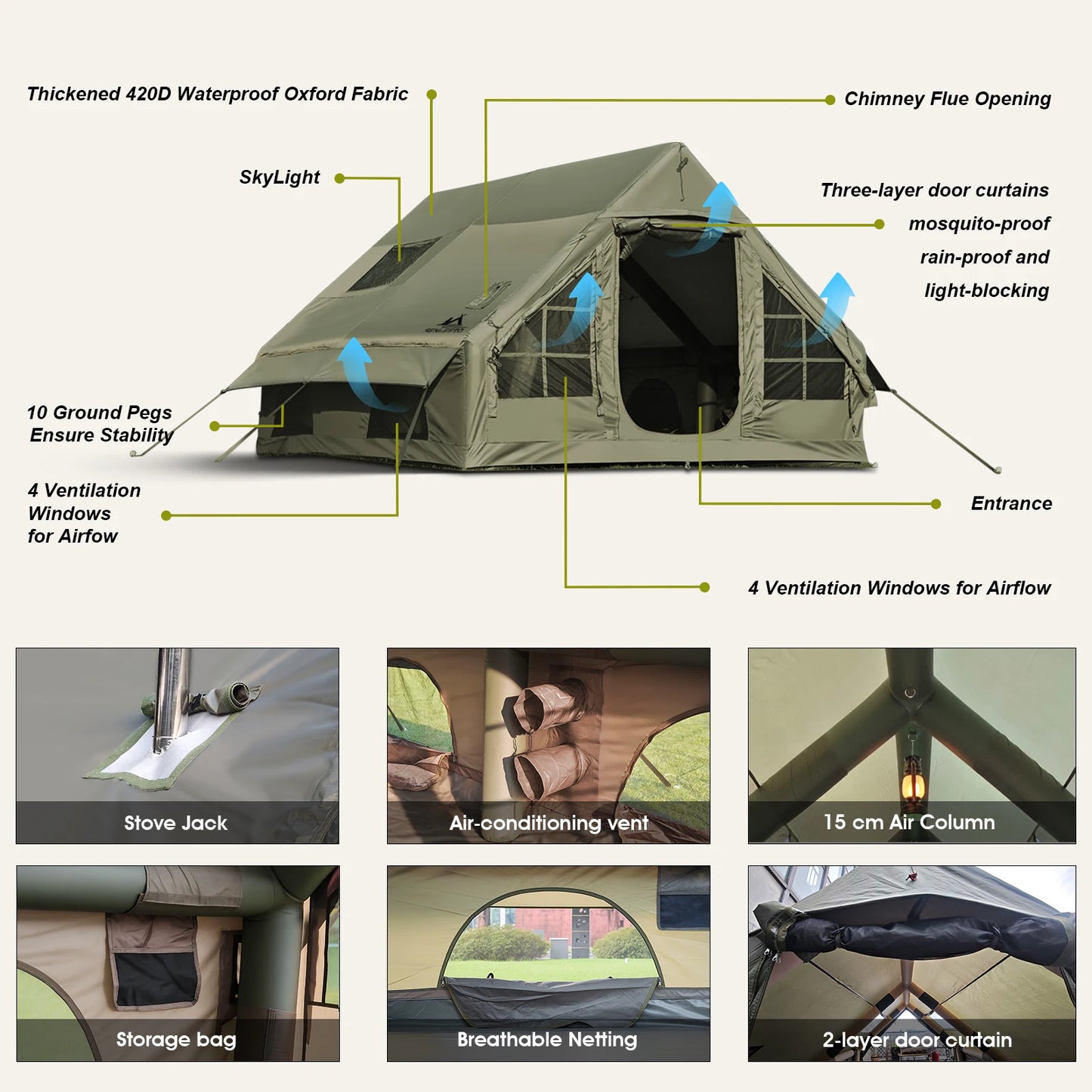 Army Green Waterproof Windproof Tent for Camping