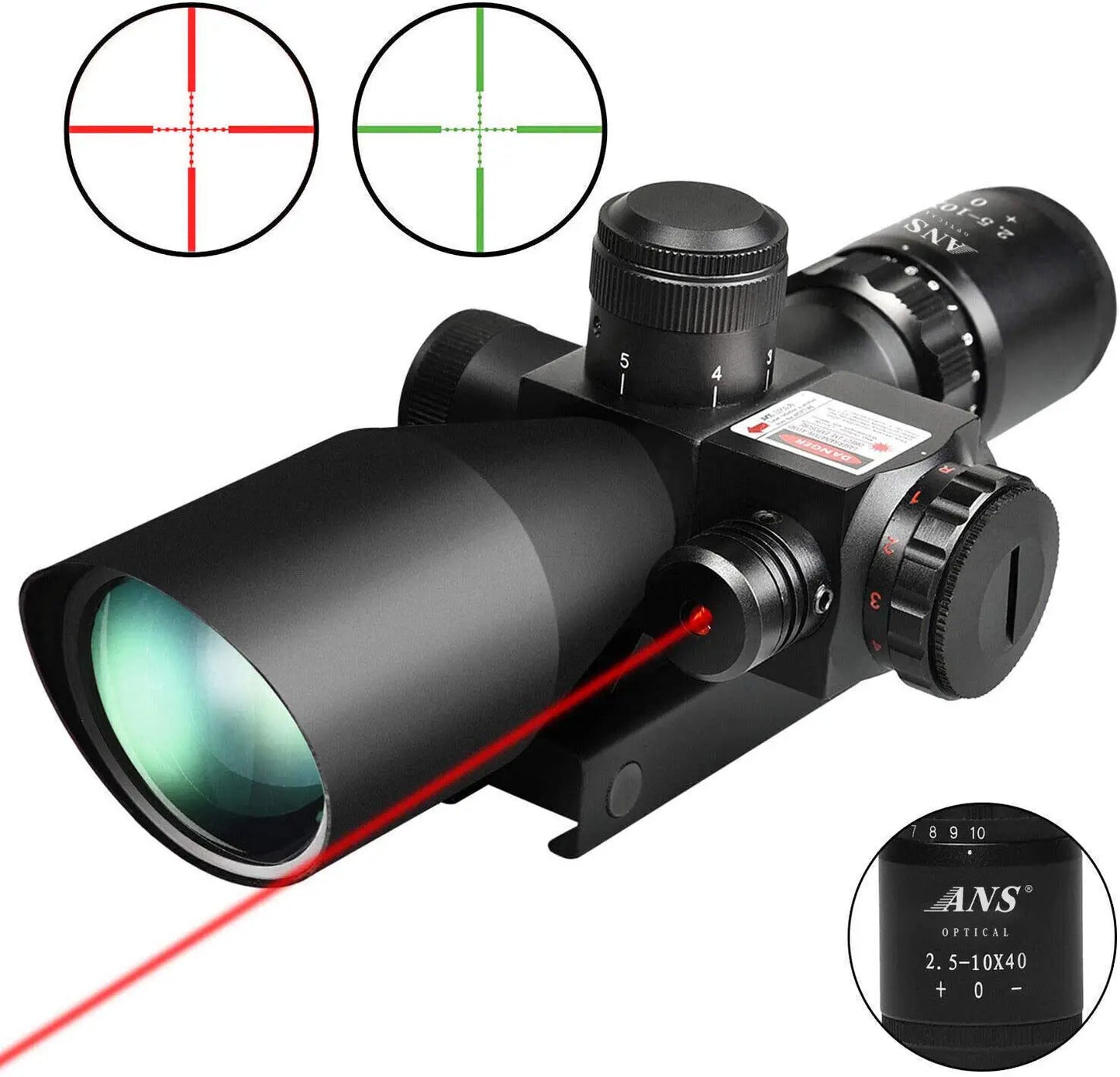 ANS 2.5-10x40 Tactical Rifle Scope Red Green Mil-dot illuminated Red Laser Mount