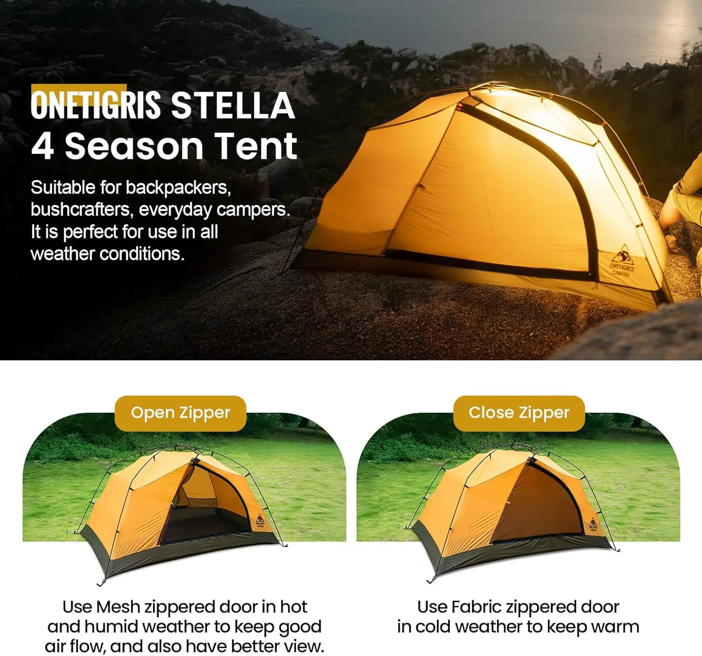 4 Season Waterproof Lightweight Camping Tent for 2 Person Easy Setup Outdoor Hiking Backpacking