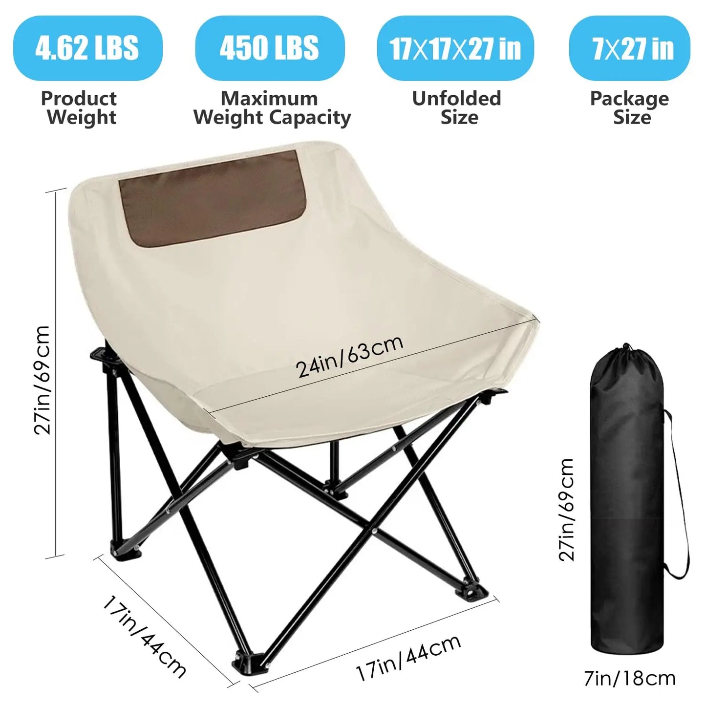 Ultralight Folding Camping Chair, 450 lbs Capacity, Off-White, Solid, Adult, Outdoor, Beach, Lawn, Campground