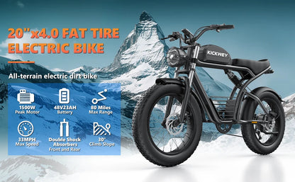Kickwey K7 Electric bike 1500W Motor 48V 23AH Adult Electric bicycle 20 Inch Fat Tire 32MPH 7-Speed Mountain electric bike