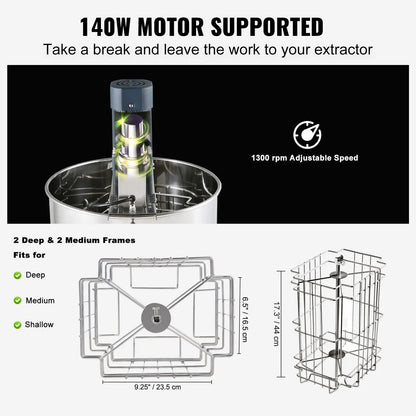 Electric Honey Extractor, 2/4 Frames Honey Spinner Extractor, Stainless Steel Beekeeping Extraction, Apiary Centrifuge Equipment with Height Adjustable Stand, Honeycomb Drum Spinner with Lid