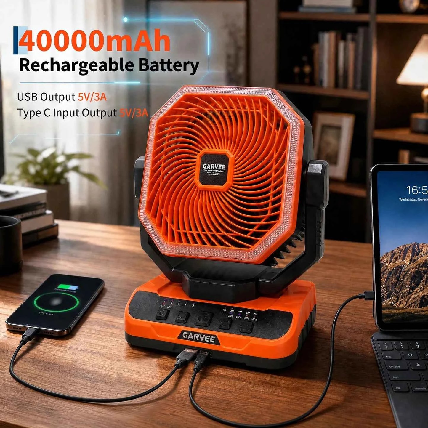 Portable Camping Fan 40000mAh Rechargeable Battery Powered Fan With Remote Timer LED Light 5 Speeds For Tent Travel Car Outdoor