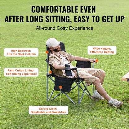Camping Folding Chair for Adults Portable Quad Lumbar Back Padded Arm Chairs with Side Pockets for Beach, Lawn, Picnic