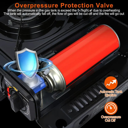 3300W portable camping stove dual fuel burner electric ignition outdoor windproof energy-saving gas stove with automatic fuel tank injection overpressure cut-off portable case suitable for camping, picnicking, traveling, back