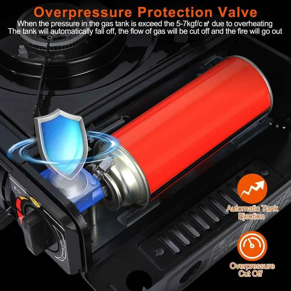 3300W portable camping stove dual fuel burner electric ignition outdoor windproof energy-saving gas stove with automatic fuel tank injection overpressure cut-off portable case suitable for camping, picnicking, traveling, back