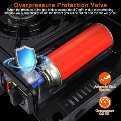 3300W portable camping stove dual fuel burner electric ignition outdoor windproof energy-saving gas stove with automatic fuel tank injection overpressure cut-off portable case suitable for camping, picnicking, traveling, back