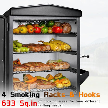 Large Vertical Electric Smoker Grill - 633 sq in, 4 Racks, Built-in Meat Probe, Weather-Resistant Cover for BBQ