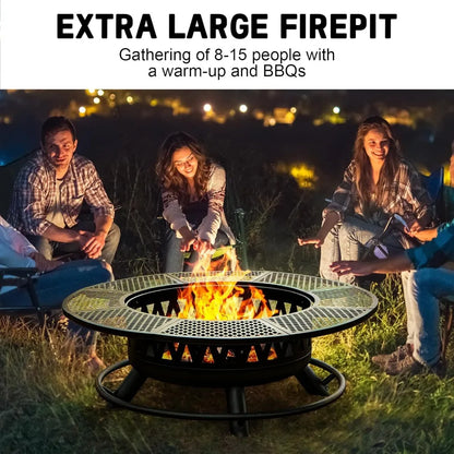 47 Inch Fire Pit with 2 Grills, Outdoor Extra Large Firepits for Outside, Wood Burning Fireplace for Camping, Picnic, Bonfire