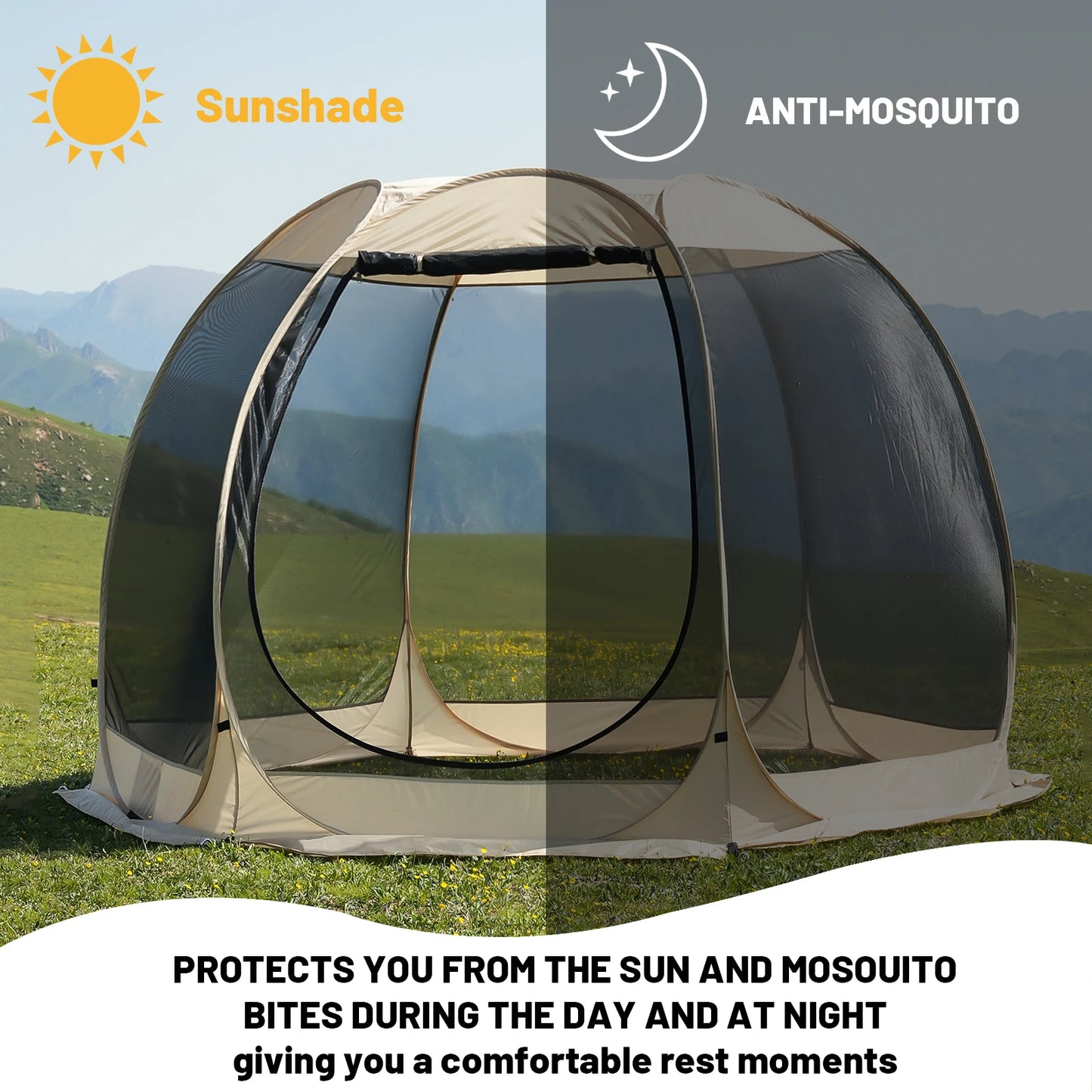 Pop Up Party Tent , 4-6 Person Pavilion, Screen Tent, 6-sided Pop-up Camping Canopy Tent With Mesh Window