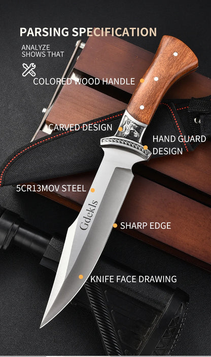 Outdoor Hunting Knife Camping High-Quality Professional Self-Defense Multi-Functional Portable Carnivorous Straight Knife, 12 in