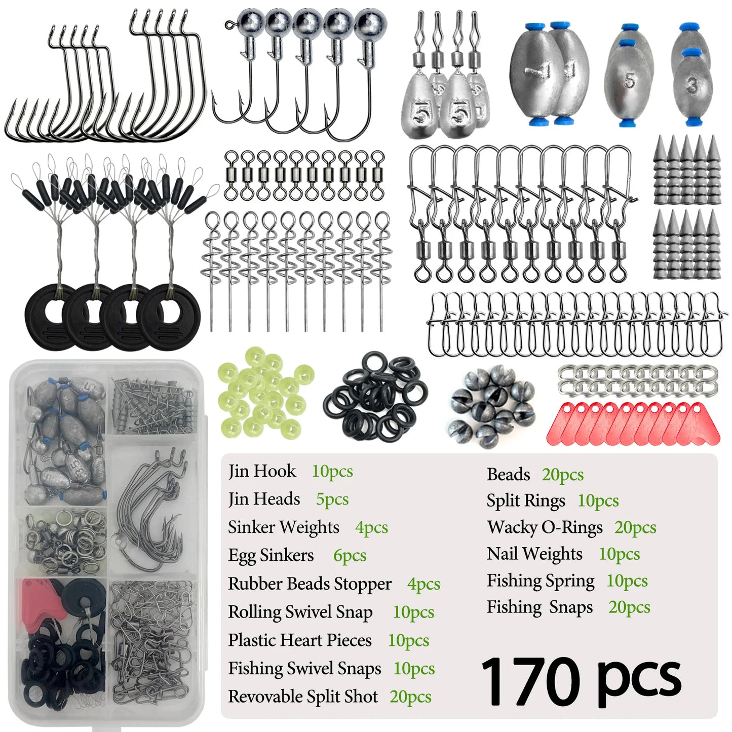 170-410pcs Professional Fishing Kit with Tackle Box,Hooks Sinkers Swivels for Bass Trout Saltwater Fishing | Premium Rust-Proof