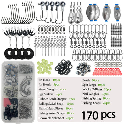 170-410pcs Professional Fishing Kit with Tackle Box,Hooks Sinkers Swivels for Bass Trout Saltwater Fishing | Premium Rust-Proof