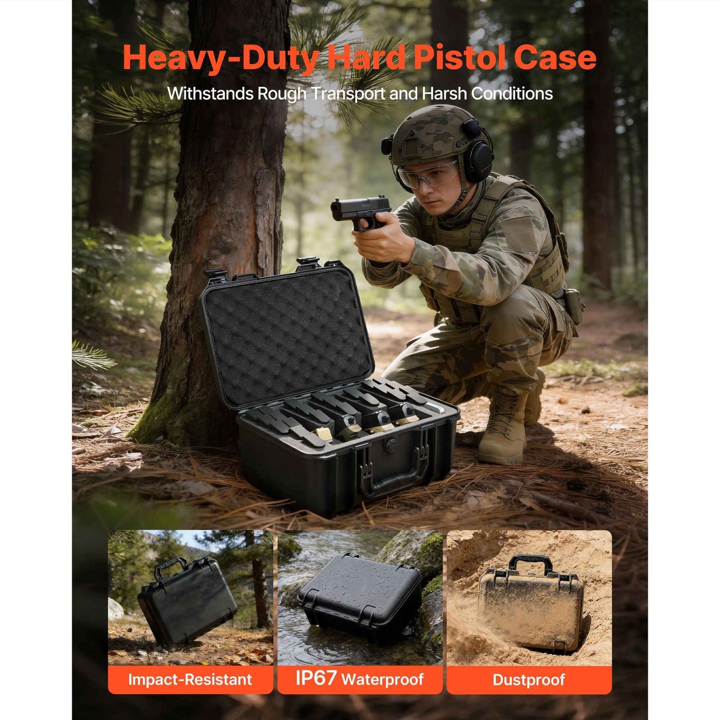 Hard Pistol Case, Heavy Duty Hard Gun Case with XPE Foam Lining, Waterproof Pistol Storage Box with Customizable Interior & Handle for Gun, Lenses, Camera, Gear, TSA Compliant, 15.9x12.5x7.5 in