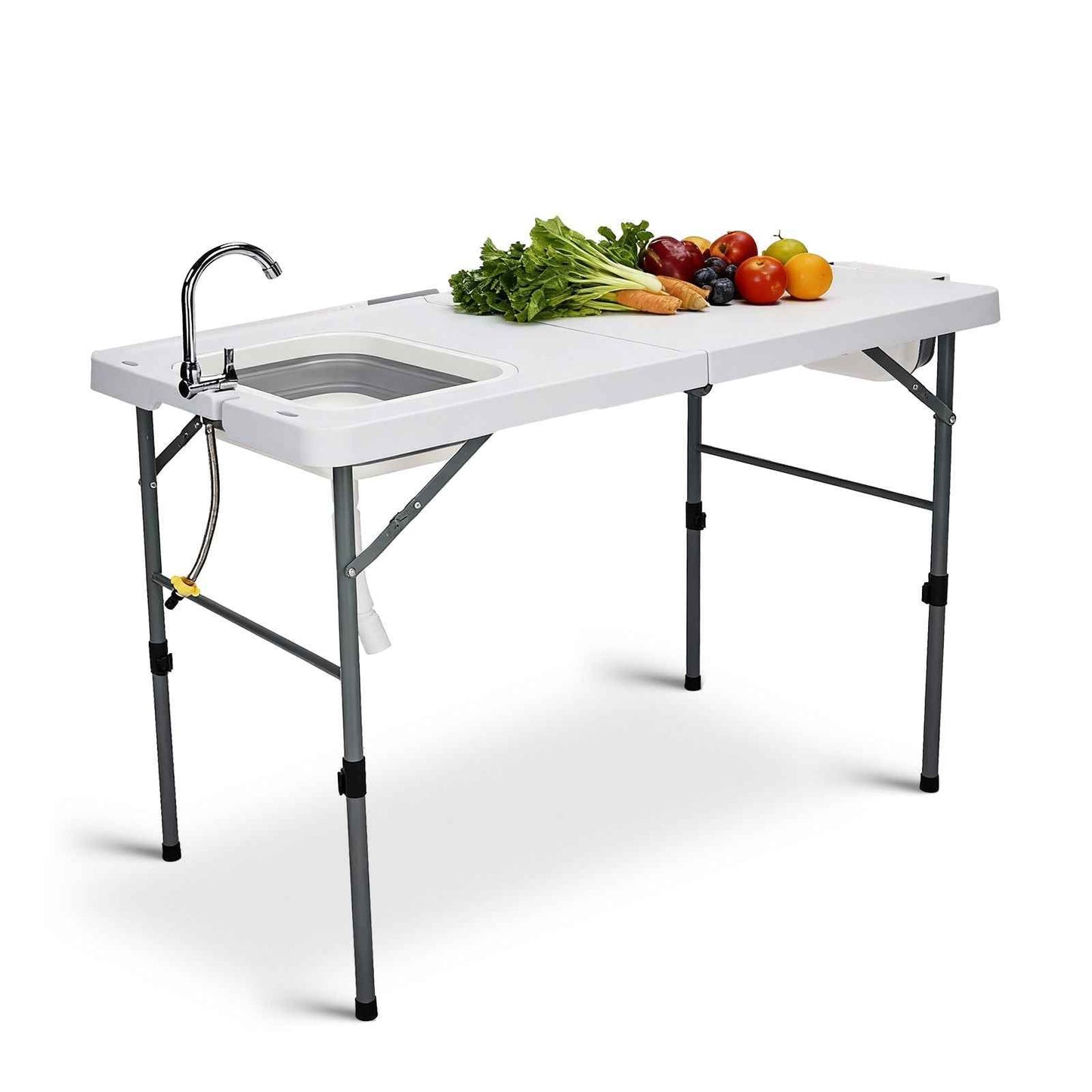 50" Folding Fish Cleaning Table with Sink, Bi-Folding Portable Camping Sink Station with Drain Hose, Trash Can, Foldable Outdoor Sink for Camping, Fishing, BBQ