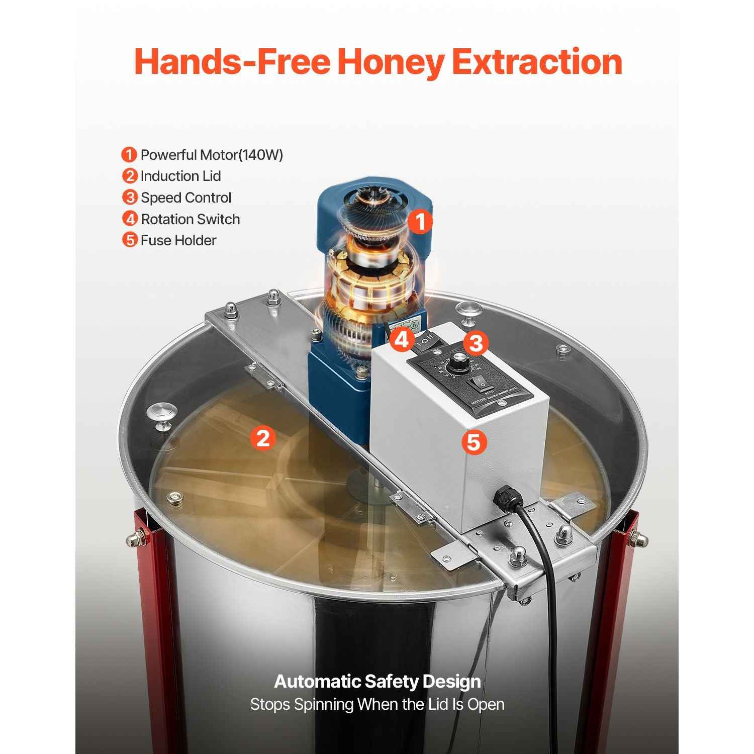 Electric Honey Extractor, 6 Frame Honey Spinner with Transparent Lid, 140W Stainless Steel Honeycomb Drum Spinner, Height Adjustable, Honeycomb Extraction Equipment for Beekeeping