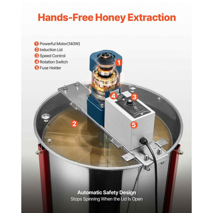 Electric Honey Extractor, 6 Frame Honey Spinner with Transparent Lid, 140W Stainless Steel Honeycomb Drum Spinner, Height Adjustable, Honeycomb Extraction Equipment for Beekeeping